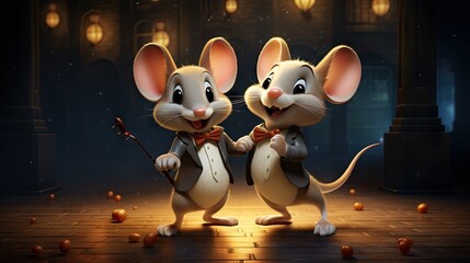 Poster -  a couple of mice standing on top of a wooden floor.  generative ai