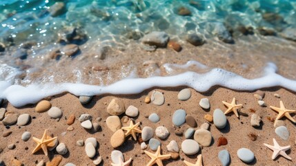 Poster - Sea and sand with starfishs and shells on the beach, AI