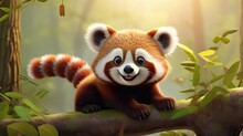  A Red Panda Bear Sitting On A Tree Branch In A Forest.  Generative Ai