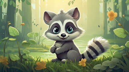 Canvas Print -  a raccoon sitting in the middle of a forest.  generative ai