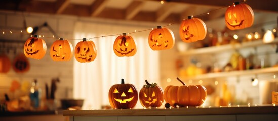 Canvas Print - Autumn themed Halloween kitchen with paper orange lights and garland lights Blurry background for a greeting card Copy space available