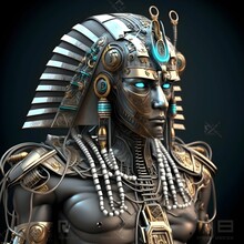 Male Egyptian Cyborg Pharoah Wearing Nemes Headdress Wires Mechanical Parts Cybernetics Metal Loincloth Glowing Electric Eyes Egypt Background 