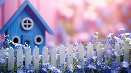 Canvas Print -  a blue birdhouse sitting on top of a white picket fence.  generative ai