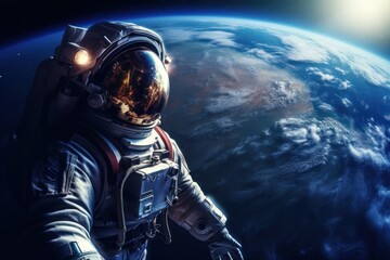 Poster - A man in a space suit standing in front of the earth. Perfect for science fiction or space exploration concepts.