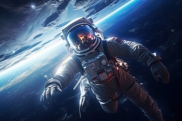Poster - A man in a space suit floating in the air. Perfect for science fiction or space-themed designs.