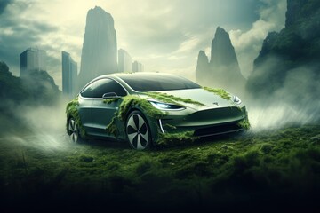 Poster - A picture of a green electric car covered in grass with a city in the background. This image can be used to represent eco-friendly transportation or the concept of nature reclaiming urban spaces.