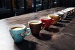 A row of coffee cups lined up on a table. Perfect for coffee shop menus or cafe promotions.