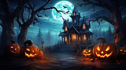 Sticker -  a halloween scene with carved pumpkins and a creepy house.  generative ai