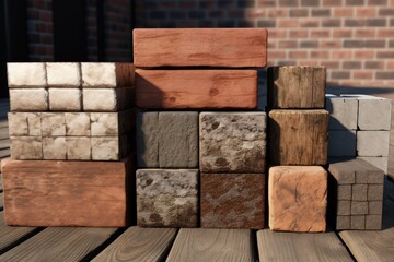 Poster - A stack of wooden blocks sitting on top of a wooden table. Suitable for various concepts and designs.