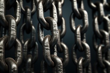 Poster - A detailed close-up image of a bunch of chains. This versatile picture can be used to depict concepts such as strength, security, bondage, connection, and confinement.