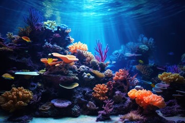Aufkleber - A vibrant aquarium showcasing a diverse collection of fish and corals. Perfect for adding a touch of marine beauty to any project or publication.