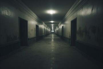 Poster - A long hallway with a visible light at the end. This image can be used to depict hope, progress, or a journey towards a goal.