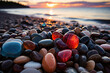 Colorful glass stones on the beach, beautiful backlight at sunset