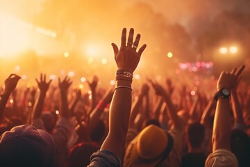 Poster - A lively crowd of people with their hands in the air, celebrating and expressing joy. This image can be used to depict excitement, happiness, unity, or a festive atmosphere. Ideal for event promotions