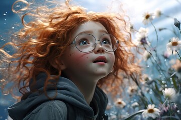 Aufkleber - A young girl with glasses looking up at the sky. Perfect for educational or inspirational projects.