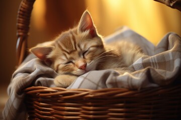 Aufkleber - A peaceful image of a cute kitten peacefully sleeping in a basket, covered with a soft blanket. Perfect for showcasing the adorable and calm nature of pets. Ideal for pet blogs, animal-themed websites