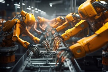 Wall Mural - A group of robots diligently working on a machine. This image can be used to depict automation, technology, manufacturing, or industrial processes.