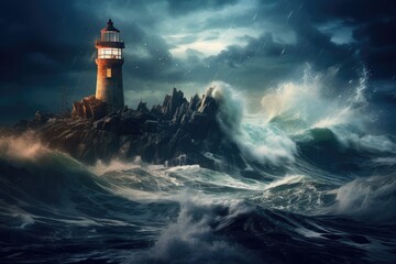 Poster - Lighthouse on stormy sea. 3D illustration, An isolated iron lighthouse shining light out to sea at night as it sits on a rocky stone island being battered by huge ocean waves, AI Generated