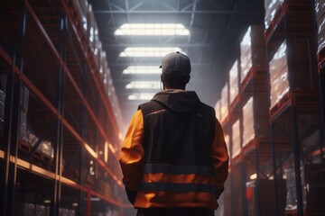 Poster - A man wearing a hard hat standing in a warehouse. This image can be used to depict construction, industrial work, or warehouse operations.