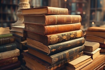 Poster - A stack of books sitting on top of a table. This image can be used to represent education, learning, knowledge, studying, or libraries.