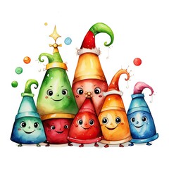 Poster -  a group of different colored cones with faces on them and a santa hat on top.  generative ai