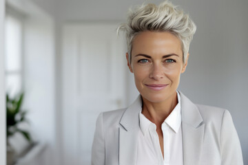 Wall Mural - Smiling middle age woman in white suit posing indoors.