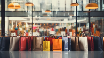 Colorful paper shopping bags on background of shopping mall. Gift and present in Paper bags is symbol of purchase and consumption in end of year. Black friday