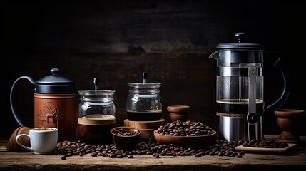  a table topped with different types of coffee and coffee beans.  generative ai