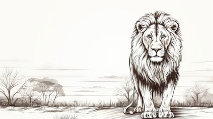 Poster -  a drawing of a lion standing in a field of grass.  generative ai