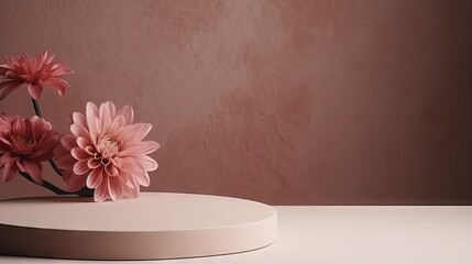 Sticker -  a vase with pink flowers on a white table with a brown background.  generative ai