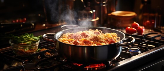 Boiling water and uncooked pasta in a cooking pot on an electric stove in the kitchen