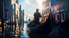 Gondolier Navigating Gondola Through Venetian Channels At Early Morning. Venetian Places And Beautiful Reflection In Water