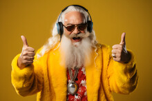 Santa Clause Claus Wearing A Long Moustache Holding The Middle Finger And Listening To Earphones., In The Style Of Eye-catching