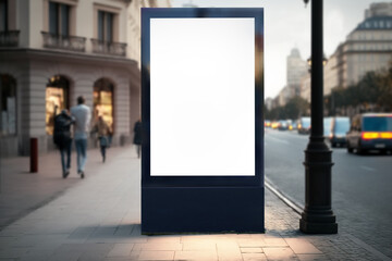 Blank city format (LightPoster, CityLight) banner pylon on the sidewalk mockup. Billboard in the city center mock up. Blurred background, focus on foreground, copy space