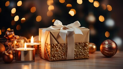 Wall Mural - Christmas gift box with golden baubles and candles on bokeh light background