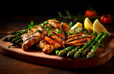 Wall Mural - Chicken breast grilled with asparagus on black wooden dark table background. Healthy diet lunch. Barbecue steak fried.