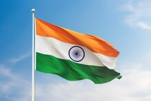Indian Flag Waving On Blue Sky Background