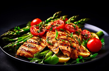 Wall Mural - Chicken breast grilled with asparagus and tomatoes on black wooden dark table background. Healthy diet lunch. Barbecue steak fried.