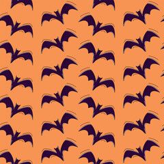 Wall Mural - Seamless pattern with black bat on orange. Halloween vector background for  invitation, poster, card, postcard, banner, ticket