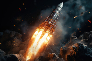 Poster - A rocket's fiery engines as it propels a spacecraft into deep space. Generative Ai.