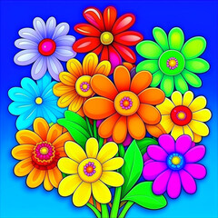 Wall Mural - Ornamental flowers with stems and leaves. Watercolor art on blue background.