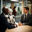 © Favio - un robot en una reunión de negocios interracial sentados en una mesa , con un hombre negro y un hombre blanco