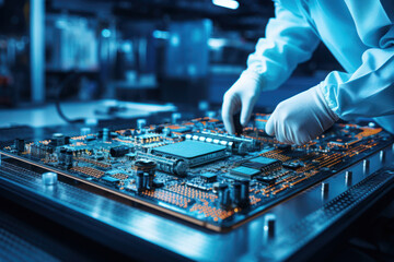 Aufkleber - a technician in a lab coat carefully examining a high-tech circuit board. concept of technological i