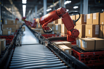Poster - a conveyor belt transporting boxes through a distribution center with robotic arms assisting in sort