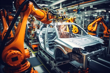 Poster - A bustling automotive assembly line with robots and workers assembling cars with precision. Concept of automotive manufacturing. Generative Ai.