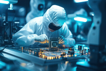 Poster - A technician in a cleanroom assembling intricate microchips for electronic devices. Concept of semiconductor manufacturing. Generative Ai.