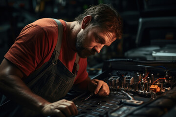 Poster - a mechanic working under the hood of a car, diagnosing and repairing engine issues. concept of autom