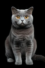 Poster - AI generated illustration of an elegant gray British shorthair cat on a black background