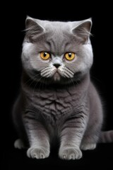 Poster - AI generated illustration of an elegant gray British shorthair cat on a black background