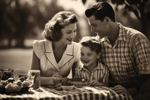 A Black And White Photograph Capturing A 1950s Family Picnic, Complete With A Checkered Blanket. Concept Of Vintage Family Gatherings. Generative Ai.